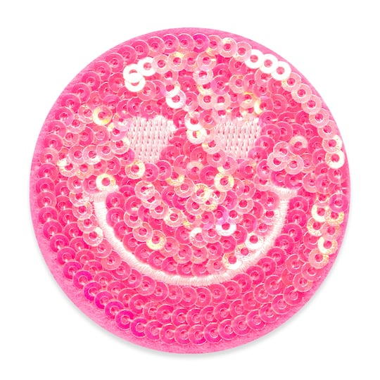 Pink Sequin Embroidered Smiley Face Iron-On & Adhesive Patch by Make Market®